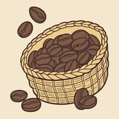 A hand-drawn illustration of a wicker basket overflowing with roasted coffee beans. This delightful image is perfect for coffee-themed projects, branding.