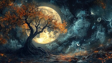 Obraz premium A surreal landscape featuring a large, luminous moon dominating the night sky. Below, an ancient tree with twisted branches and vibrant orange foliage stands prominently against a dark, star-studded b