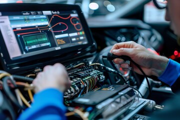 Technician is performing diagnostic test on car electronics