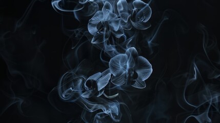 Obraz premium Dark and dramatic image of black orchids surrounded by swirling smoke on a black background. The ethereal atmosphere gives a sense of mystery and elegance, perfect for fantasy themes.