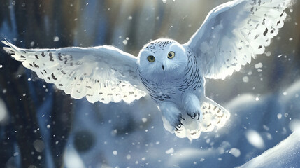A snowy owl perched gracefully in a winter landscape, its white feathers blending seamlessly with the snow-covered surroundings.