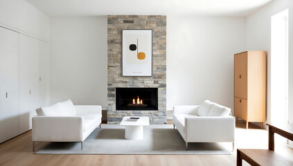 Two white sofas near fireplace against white wall with wooden cabinet and art poster. Scandinavian minimalist style home interior design of modern living room. 