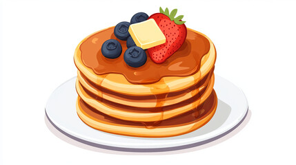 A stack of fluffy pancakes drizzled with syrup, topped with a pat of melting butter, and garnished with fresh strawberries and blueberries.