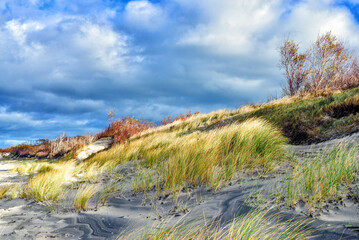 a sand dune with a beach in the background and a blue cloudy sky 