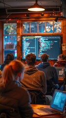 Naklejka premium Several people sitting at a table with laptops in front of them