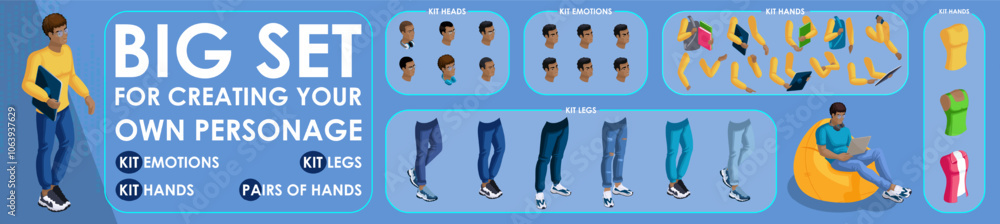 Poster isometric black man characters constructor for designed. set various action n3. set of students pers