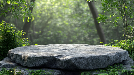 Obraz premium A 3D illustration of a stone podium set on a rugged rock platform, designed for product display. The backdrop features a lush green forest with a softly blurred effect