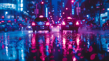 Fototapeta premium Calle de ciudad bajo la lluvia con luces de neón reflejadas en el pavimento