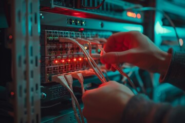 Pair of hands carefully connecting an Ethernet cable to network