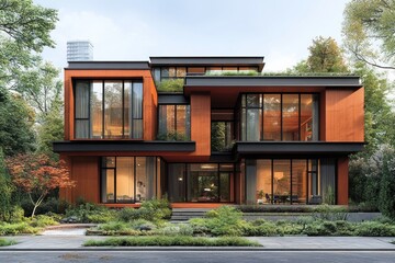 Modern architectural design featuring a sleek, multi-level home surrounded by greenery.