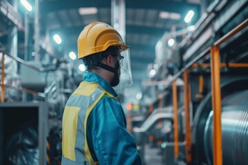 Worker in safety gear operating a machinery inside a plastic factory