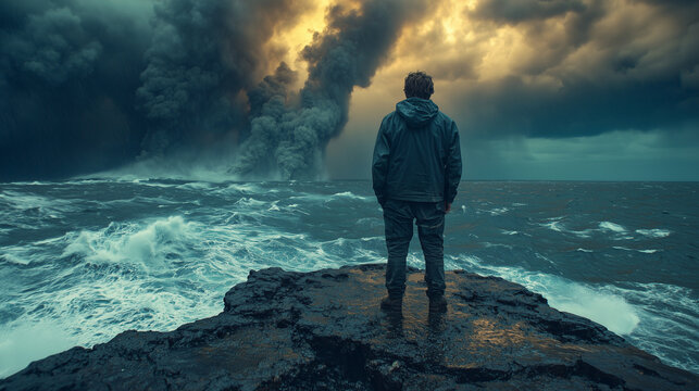 Man standing by powerless facing an impending extreme weather event unleashed by the forewarned manmade climate change ignored for decades by a blind, dumb, consumerist global society
