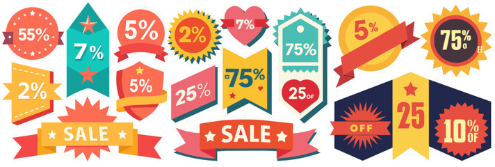Set of colorful discount and sale offer badges with ribbons and stars for black friday marketing campaign