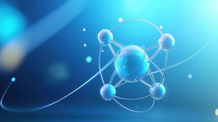 Atom and molecule visualization in blue, representing research and medical science, set against a sleek abstract background.