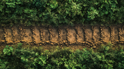 Fototapeta premium Tractor tire tracks carved into lush green grass across a vibrant farm landscape