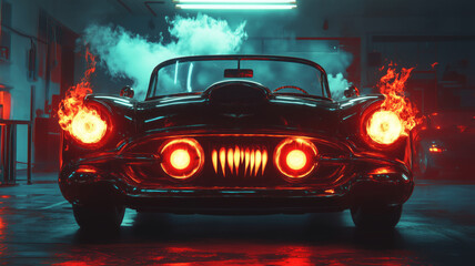 A vintage convertible ignites the night in a modern industrial garage setting