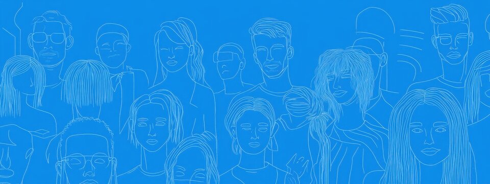 A simple line drawing of many people, each person is different and has their own unique face Generative AI