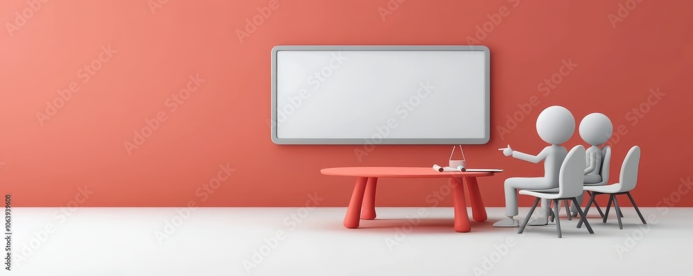 Poster 3d characters engaged in a collaborative meeting around a red table