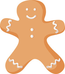 Christmas cookie in shape of gingerman. Food snack cake brown. Hand drawn vector illustration for Xmas