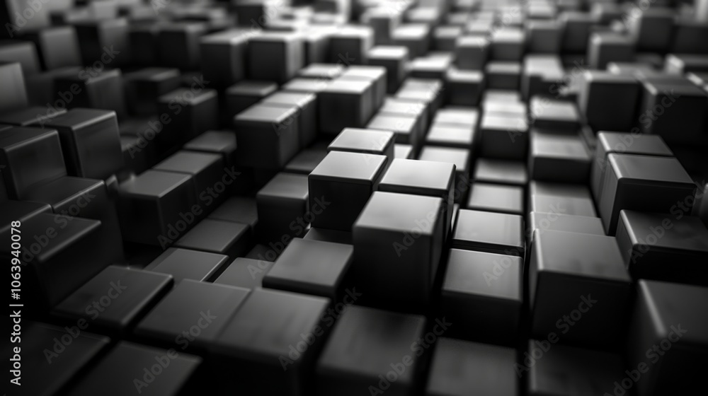 Poster a dynamic 3d background showcasing a chaotic arrangement of black cubes, creating an abstract enviro