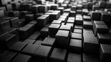 A dynamic 3D background showcasing a chaotic arrangement of black cubes, creating an abstract environment with a sense of depth and texture at dusk