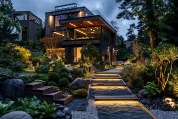 Obraz premium Modern gardening with illuminated pathway to a residential house