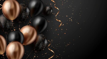 Naklejka premium elegant black and gold balloons with shimmering details and ribbon curls on a dark background