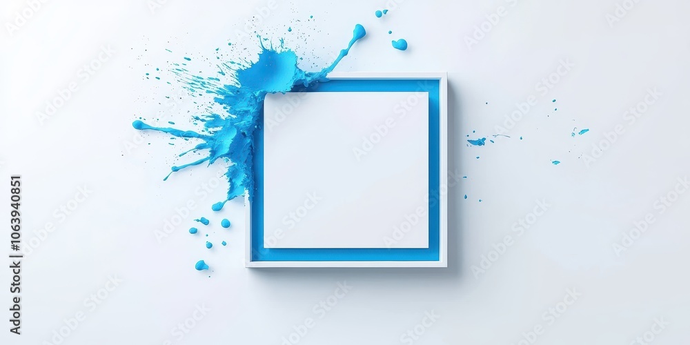 Poster bold blue splatter square border framing a clean white background with modern, abstract paint elemen