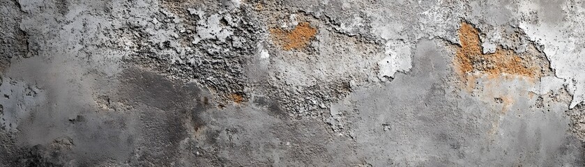 Weathered Concrete Wall with Flaking Paint and Patches of Orange