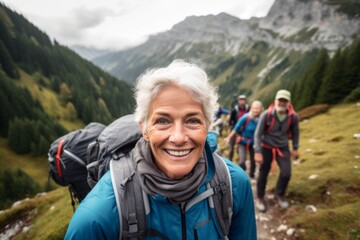 Naklejka premium Group portrait of a diverse people hiking in mountains