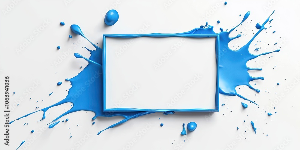 Poster bold blue splatter square border framing a clean white background with modern, abstract paint elemen