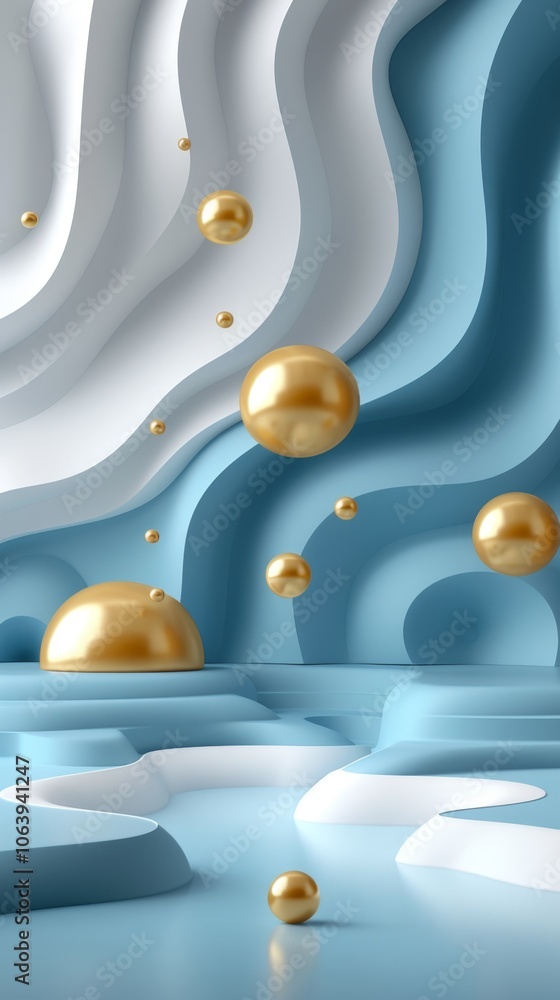 Aufkleber a captivating 3d render showcasing a smooth blue and white abstract background with floating golden 
