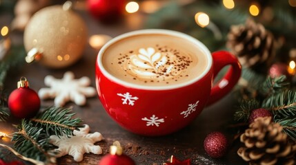 red cup of coffee featuring latte art, surrounded by Christmas ornaments, pine cones, and snowflake decorations