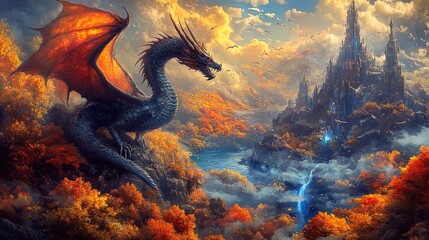 A majestic black dragon with fiery orange wings perches atop a rocky outcrop overlooking a vibrant landscape. The scene is set during twilight, with a dramatic sky painted in orange and blue hues. Bel