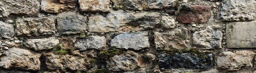 Naklejka premium Close-up of a weathered stone wall with moss growth