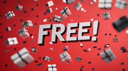 The word Free! is displayed in white, 3D letters with an exclamation point on a red background. Several small white gift boxes are falling around the word