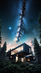 architecture Airbnb holiday concept of a modern futuristic house in the woods, swirling nebula leaves, negative space building architecture, minimalist composition, vastness of space, sense of wonder