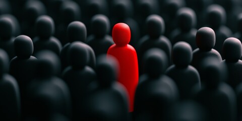 Obraz premium In a sea of gray figures, a vivid red figure captures attention, symbolizing the concept of individuality and uniqueness