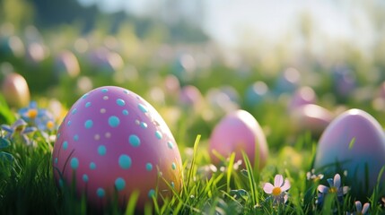 a vibrant Easter scene with colorful, polka-dotted eggs nestled in lush green grass