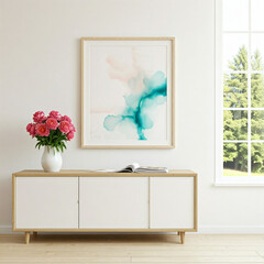 A mockup frame, side board and natural elements 