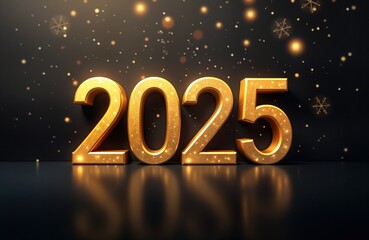 Festive scene on black background with gold numbers 2025 and 2021. Small gold snowflakes scattered around numbers in pattern, gold border, gray frame. New year celebration illustration