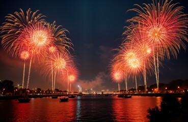 Fireworks display against the night sky. Bright orange and red colors illuminate the darkness. Calm water below with visible boat trajectories. Explosions above create vibrant light show