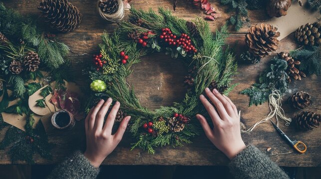 rustic scene of someone crafting a Christmas wreath, surrounded by pinecones, branches, berries
