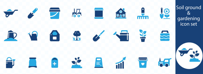 Garden icon set. Containing plant, flowers, trees, watering can, fence, cultivate and gardening icons. Solid icon collection. Vector illustration