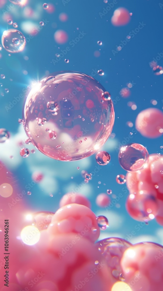 Poster a mesmerizing 3d render of bubbles floating gently through a vibrant, chaotic background, capturing 