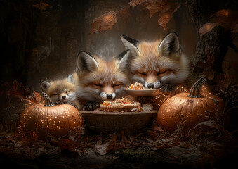Obraz premium Cozy Autumn Feast with Sleeping Fox Family and Glowing Pumpkins in Enchanted Forest