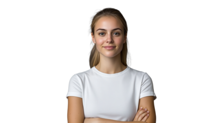 Teen girl in white t shirt with arms crossed, looking confidently, isolated on a transparent background, representing strength and self assurance.