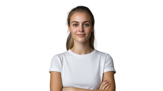 Teen girl in white t shirt with arms crossed, looking confidently, isolated on a transparent background, representing strength and self assurance.