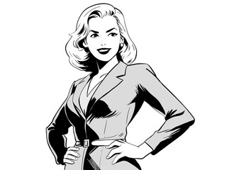 Graphic comic book illustration confident woman hands on hips black and white