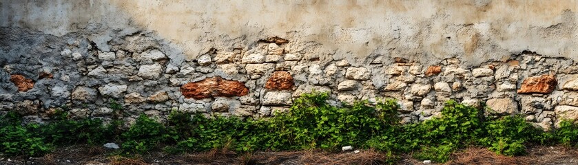 Weathered Stone Wall with Greenery at its Base
